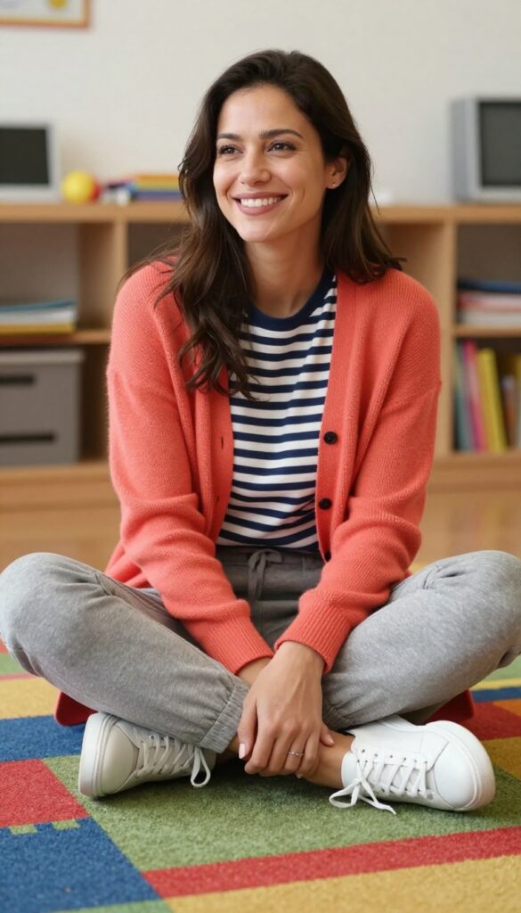1. Colorful Cardigan + Striped Tee + Joggers