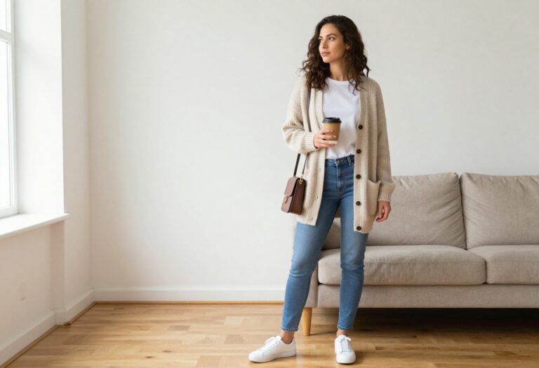 Sims 4 mom outfit idea with cardigan, jeans, and sneakers in a bright living room