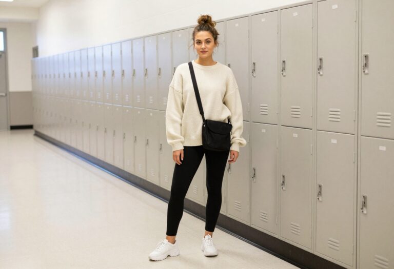 Woman in oversized sweater and leggings for lazy school outfit