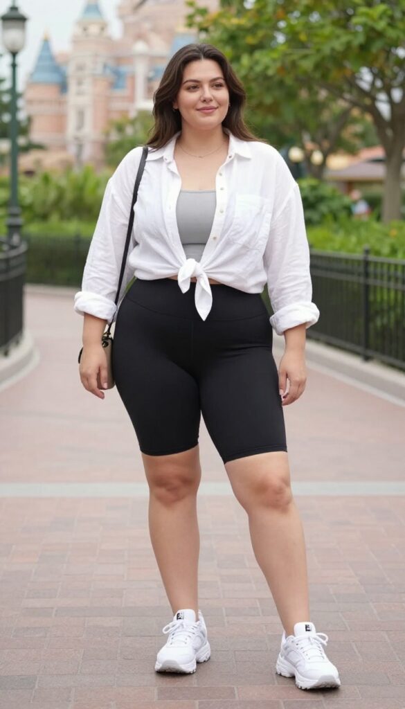 4. Bike Shorts + Oversized Button-Down + Chunky Sneakers