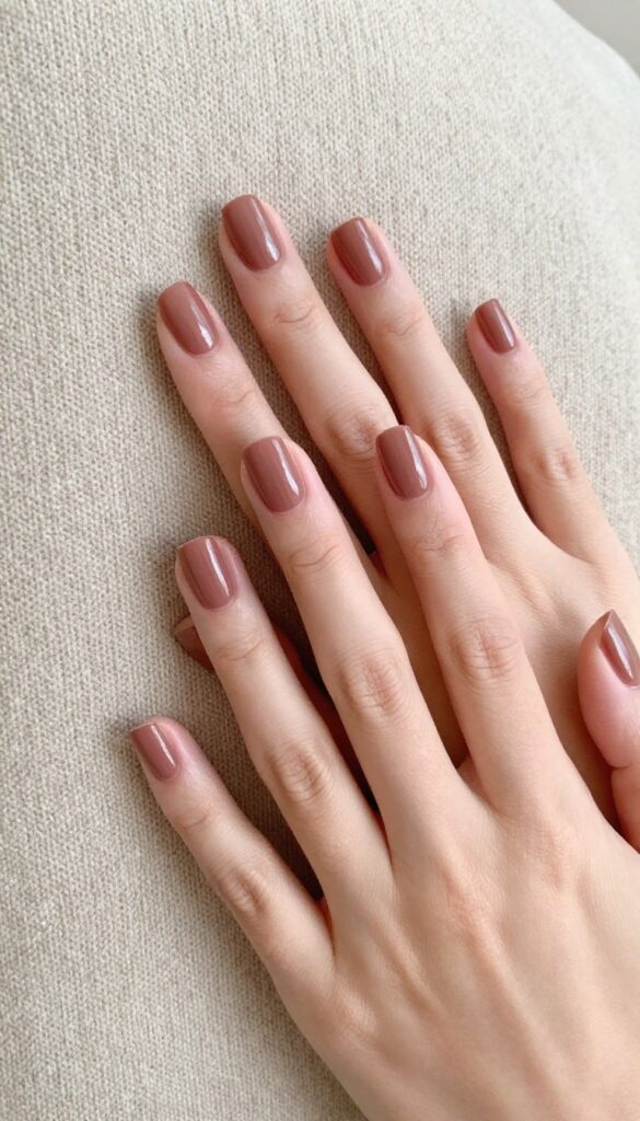Matte toffee brown nails with short square-oval shape, velvety finish