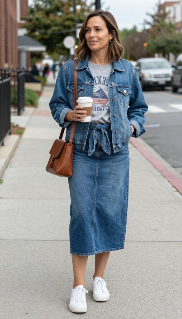 9. The Skirt Surprise: Denim Skirt + Graphic Tee + White Sneakers