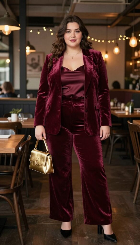 2. Velvet Blazer with Wide-Leg Trousers