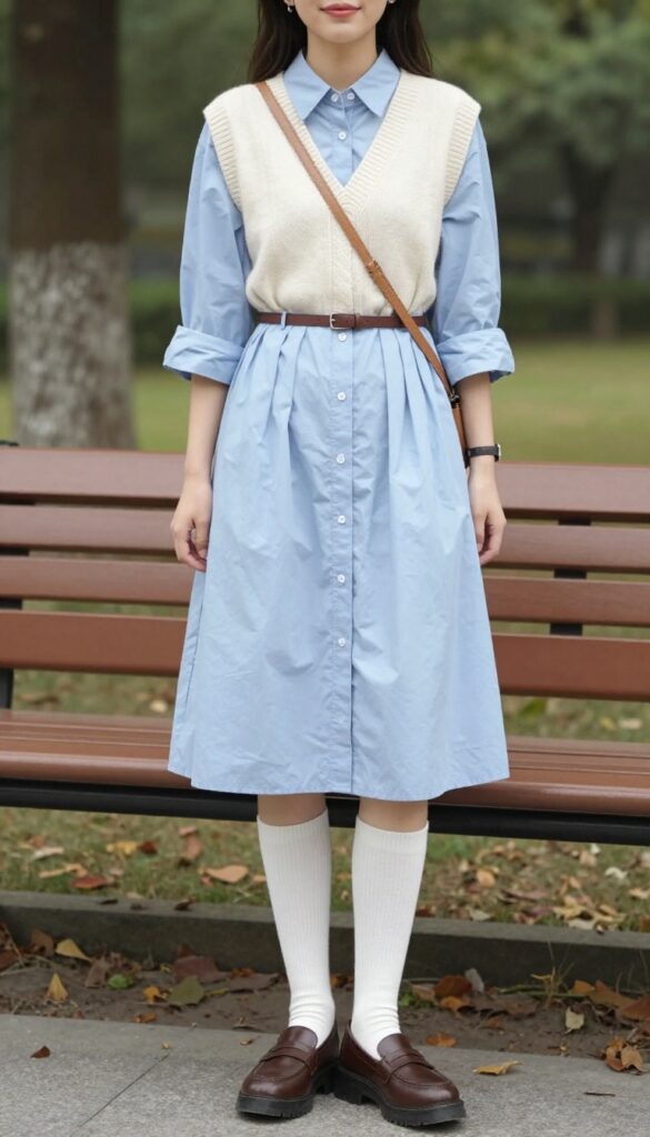 6. Button-Up Shirt Dress with a Knit Vest Overlay