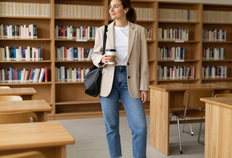 Teacher wearing oversized blazer with jeans and sneakers in a classroom