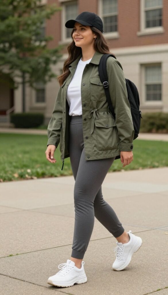 2. Olive Green Utility Jacket + Gray Joggers + Chunky Sneakers