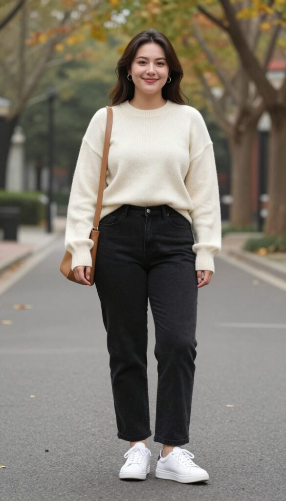 1. Cream Knit Sweater + High-Waisted Black Jeans + White Sneakers