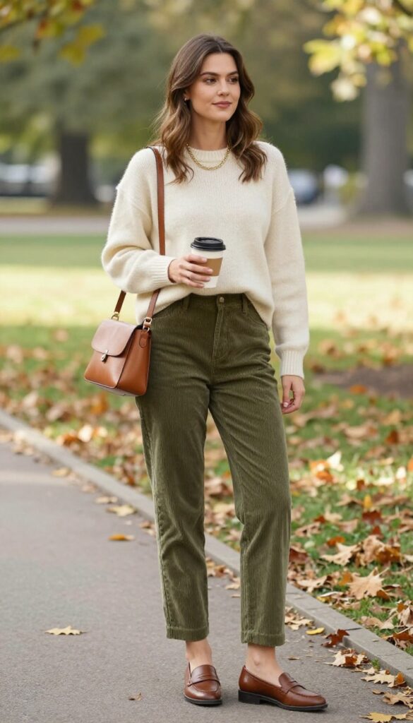 13. Corduroy Pants + Cozy Sweater + Loafers