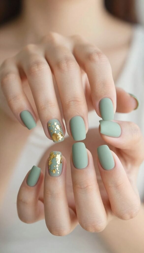 Sage green matte nails with gold foil accents