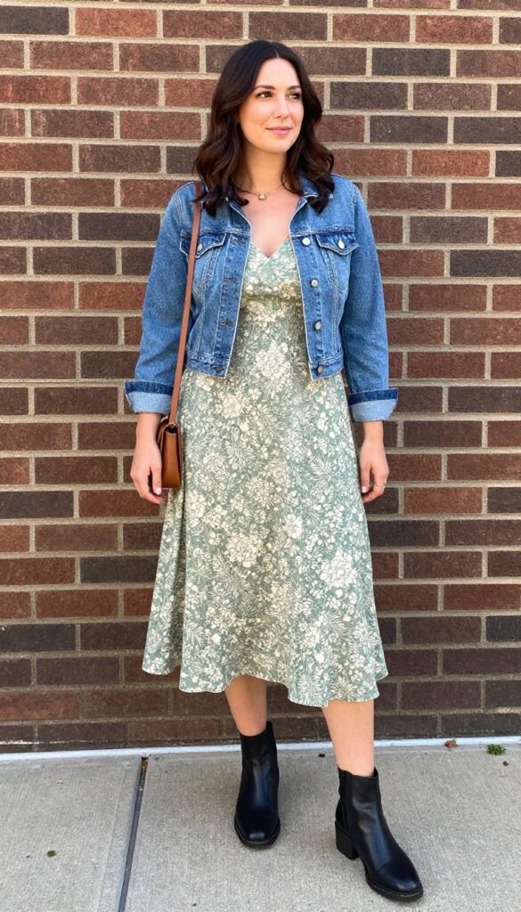 2. Flowy Midi Dress + Denim Jacket + Ankle Boots