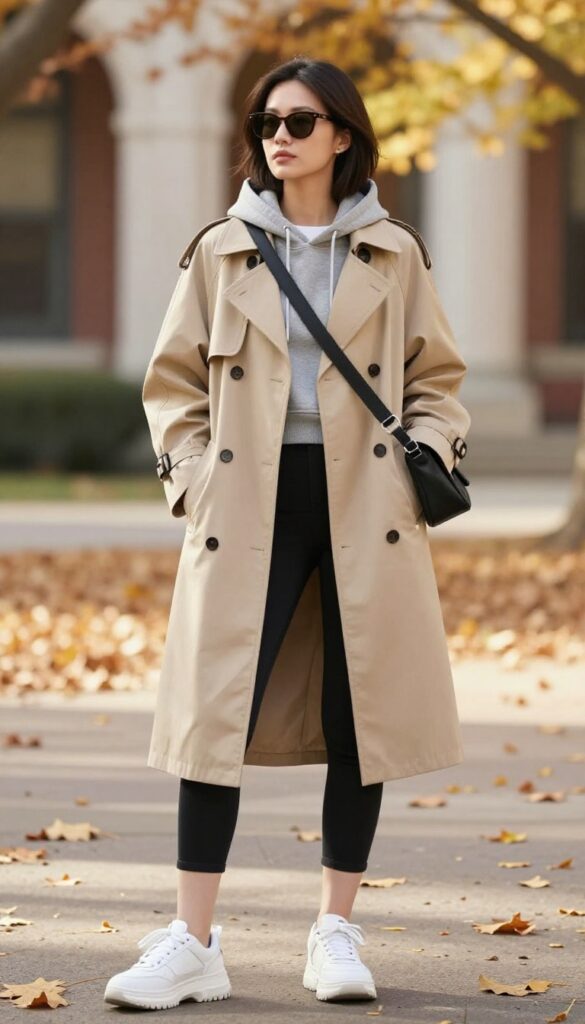 8. Hoodie + Trench Coat + Biker Shorts