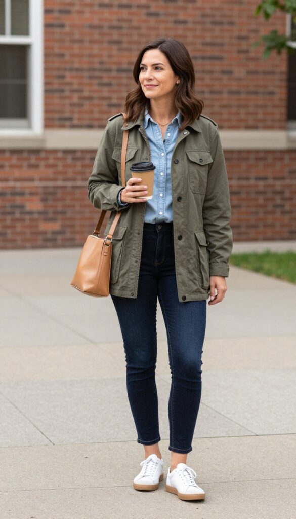 3. Olive Utility Jacket + Chambray Shirt + Dark Wash Jeans