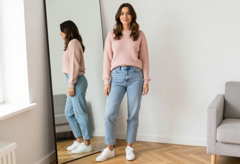 Mom wearing blush pink sweater and light wash jeans in a bright living room