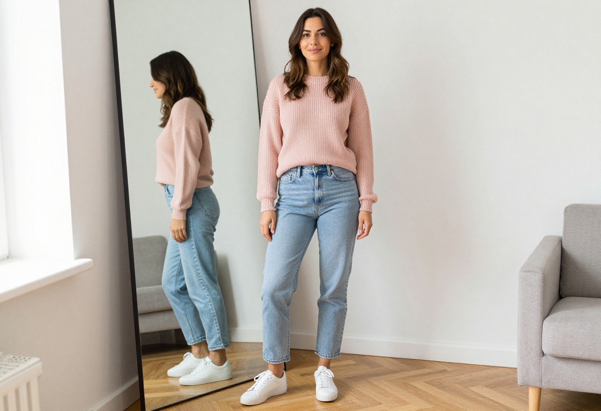 Mom wearing blush pink sweater and light wash jeans in a bright living room