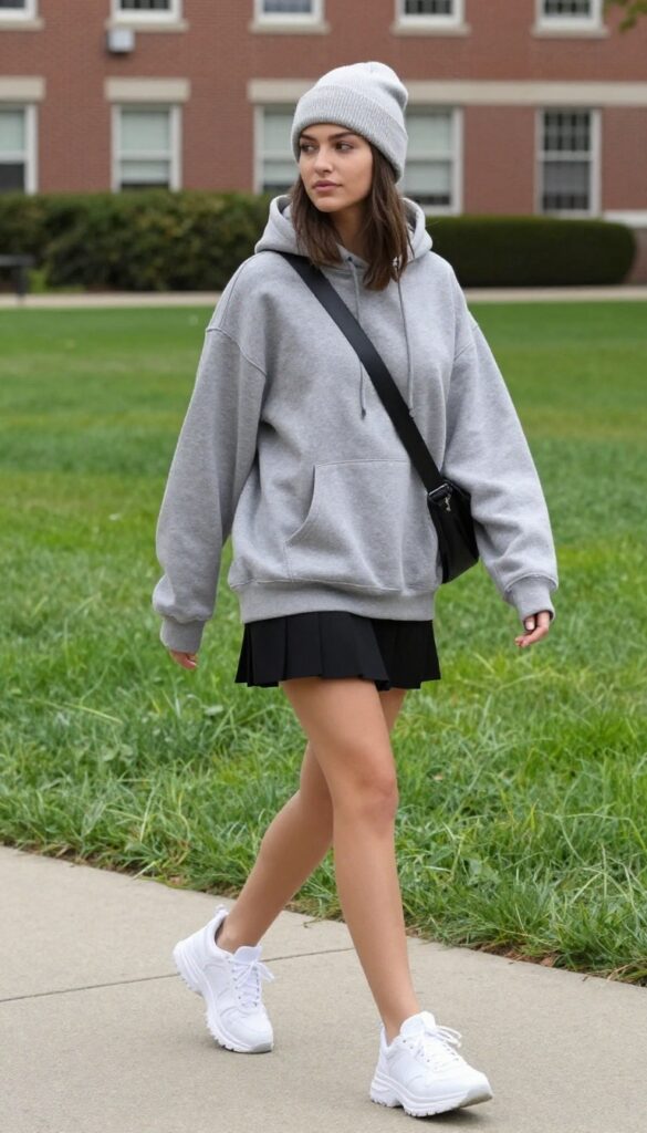 6. Hoodie and Pleated Skirt with Sneakers