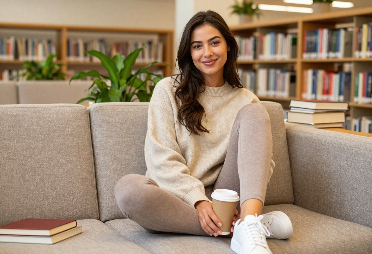 Young woman in oversized sweater and leggings sitting in library with coffee