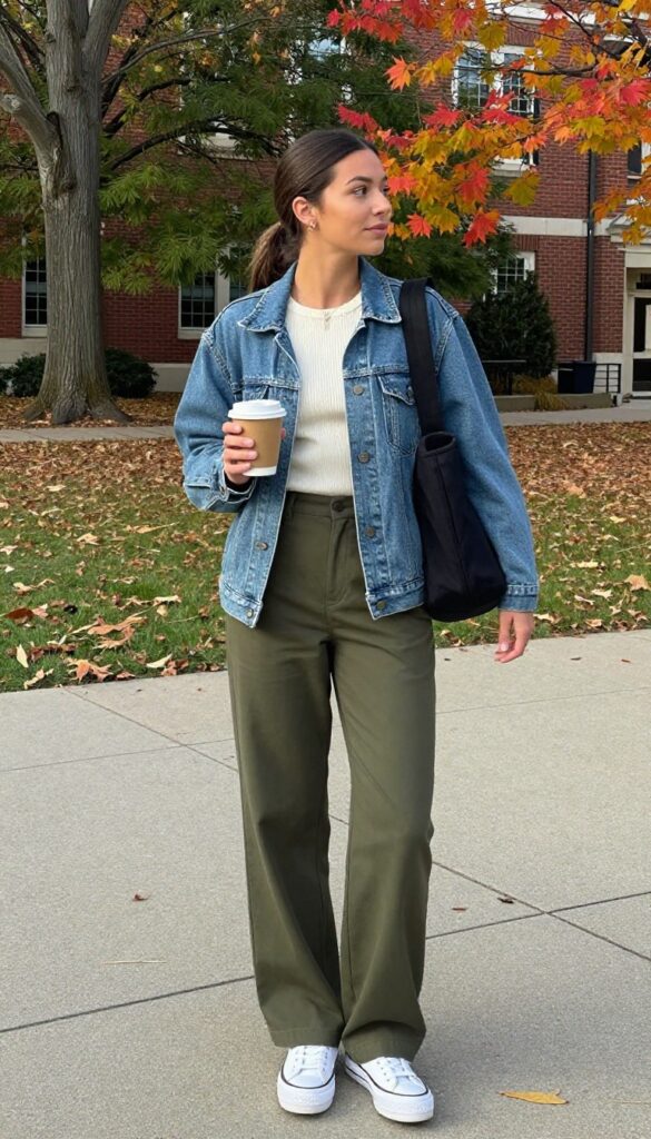 5. Denim Jacket with a Ribbed Knit Top and Wide-Leg Trousers