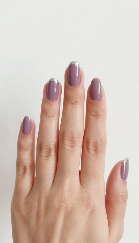 Dusted lilac nails with silver foil stripe accents