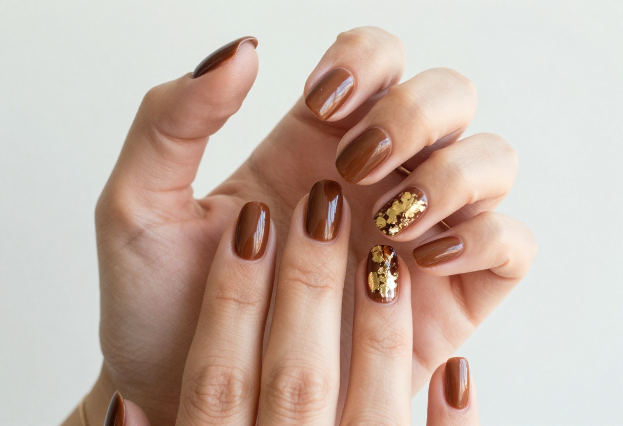 Classy fall nails for short nails with espresso brown polish and gold foil accents.