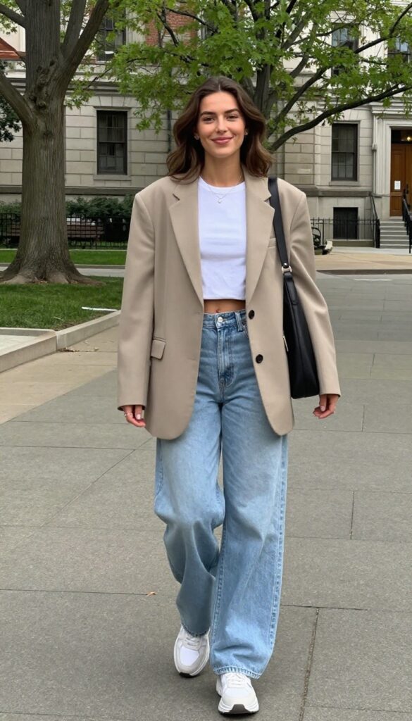 1. Oversized Blazer with Cropped Tee and Wide-Leg Jeans