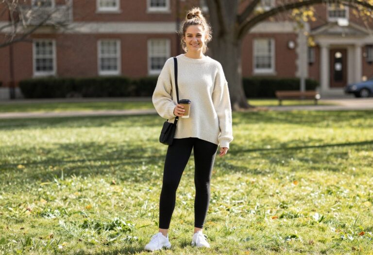 Young woman in oversized sweater and leggings on campus