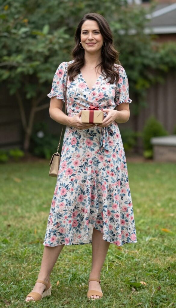 3. Floral Wrap Dress with Espadrille Wedges