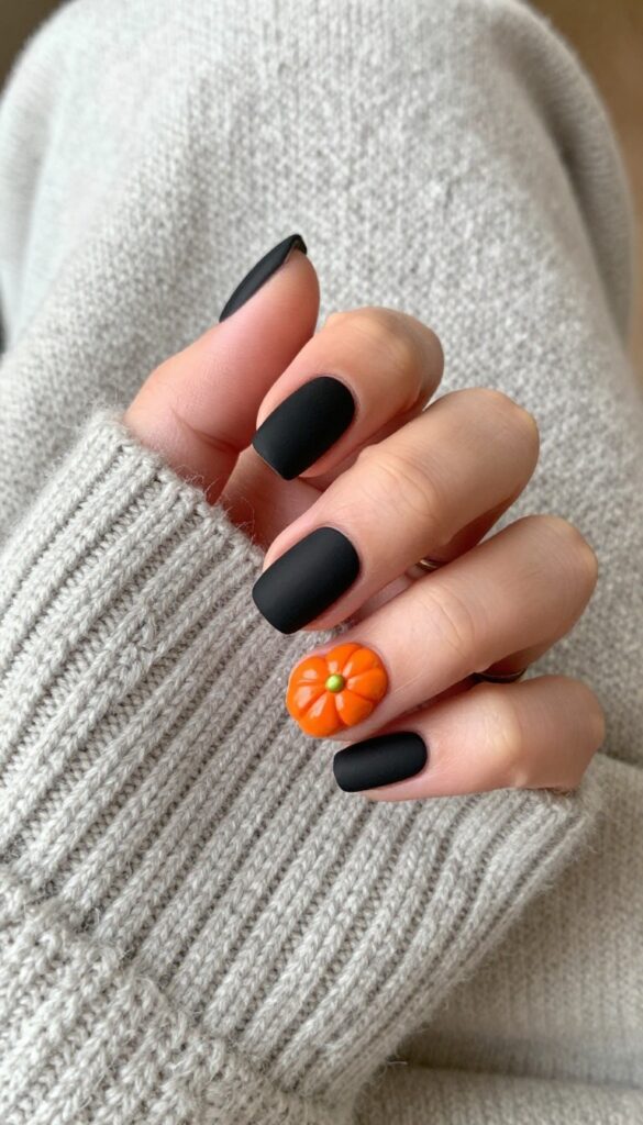 Matte black nails with glossy orange pumpkin accent nail design