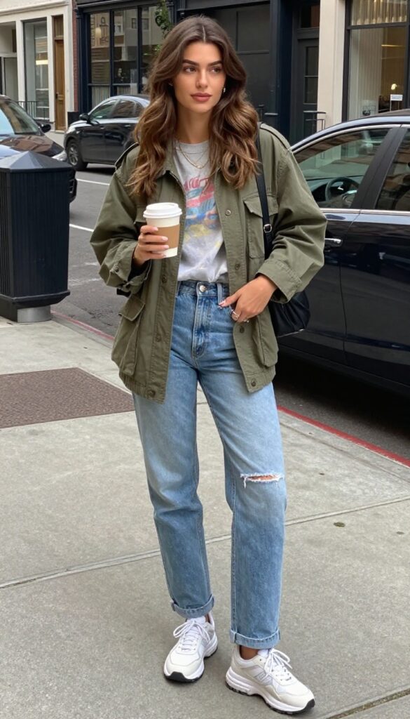 10. Utility Jacket over a Graphic Tee with Boyfriend Jeans and Sneakers