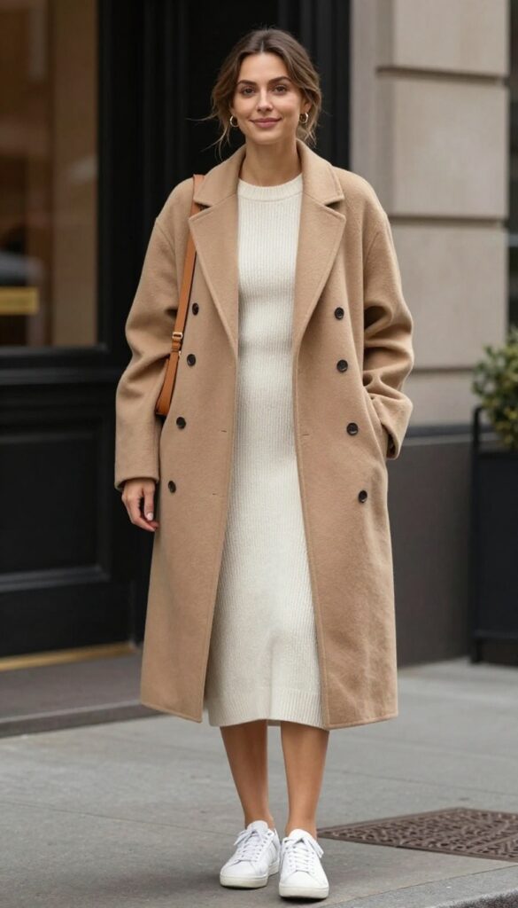 9. Camel Coat over a Simple Dress and Sneakers