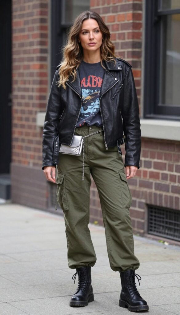 10. Leather Jacket + Graphic Tee + Cargo Pants