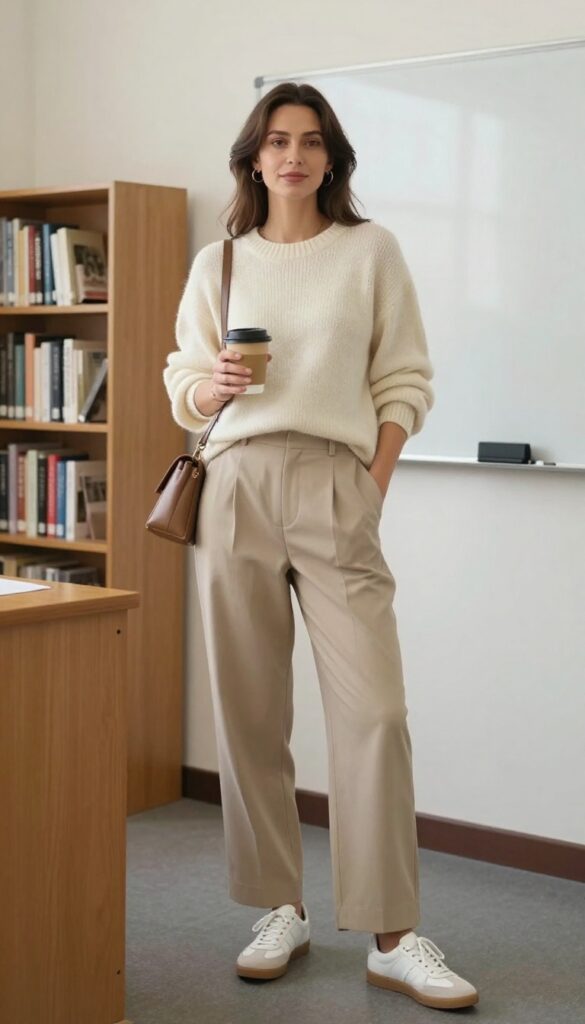 1. Soft Knit Sweater with Wide-Leg Trousers