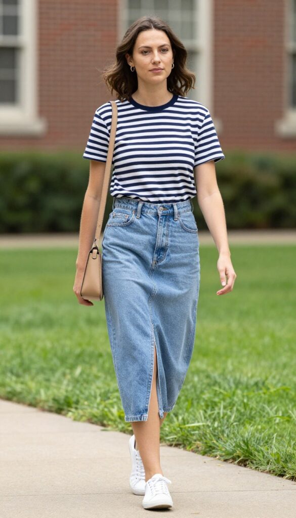 2. Striped Tee + Denim Midi Skirt + White Sneakers