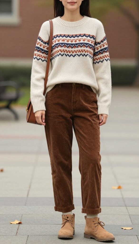 7. Fair Isle Sweater With Corduroy Pants