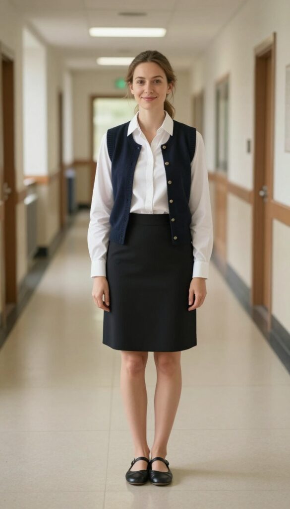 5. Button-Down Shirt with a Sweater Vest and A-Line Skirt