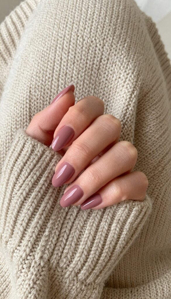 Short almond nails in dusty rose color on a cozy sweater