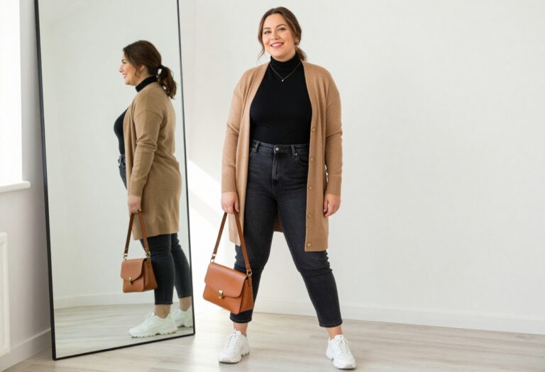 Plus size woman in black turtleneck, dark jeans, and camel cardigan, standing in a bright living room.