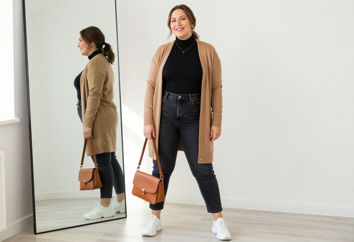 Plus size woman in black turtleneck, dark jeans, and camel cardigan, standing in a bright living room.