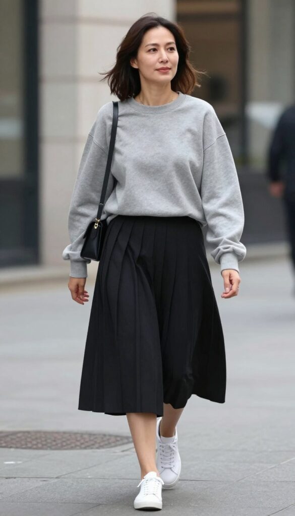 10. Gray Sweatshirt and Pleated Midi Skirt