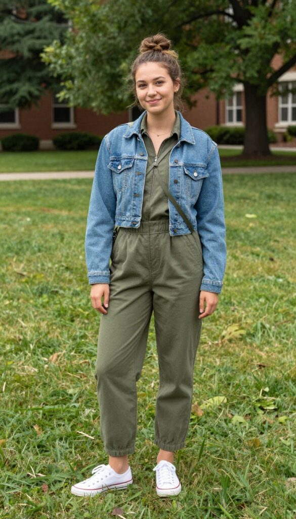 10. Jumpsuit + Denim Jacket + Canvas Sneakers