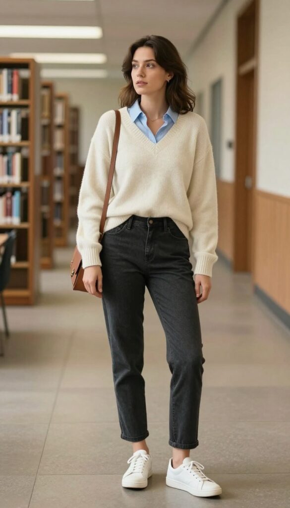 2. Crewneck Sweater + Button-Up Shirt + Straight-Leg Trousers