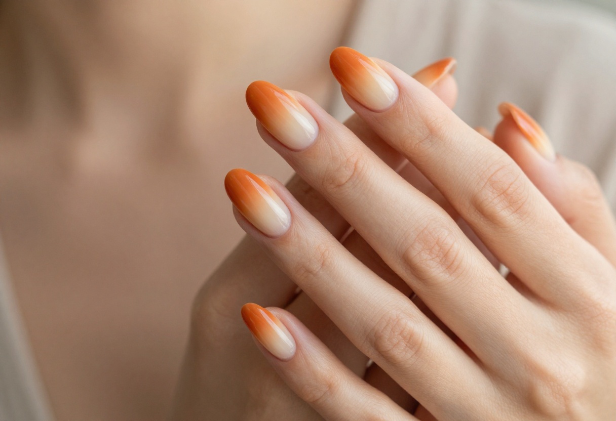 Fall ombre nails with burnt orange to cream gradient on almond-shaped nails