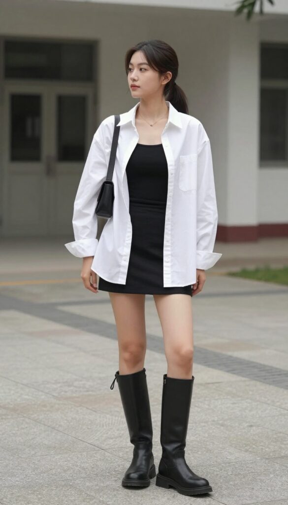 6. Button-Up Shirt + Mini Skirt + Knee-High Boots