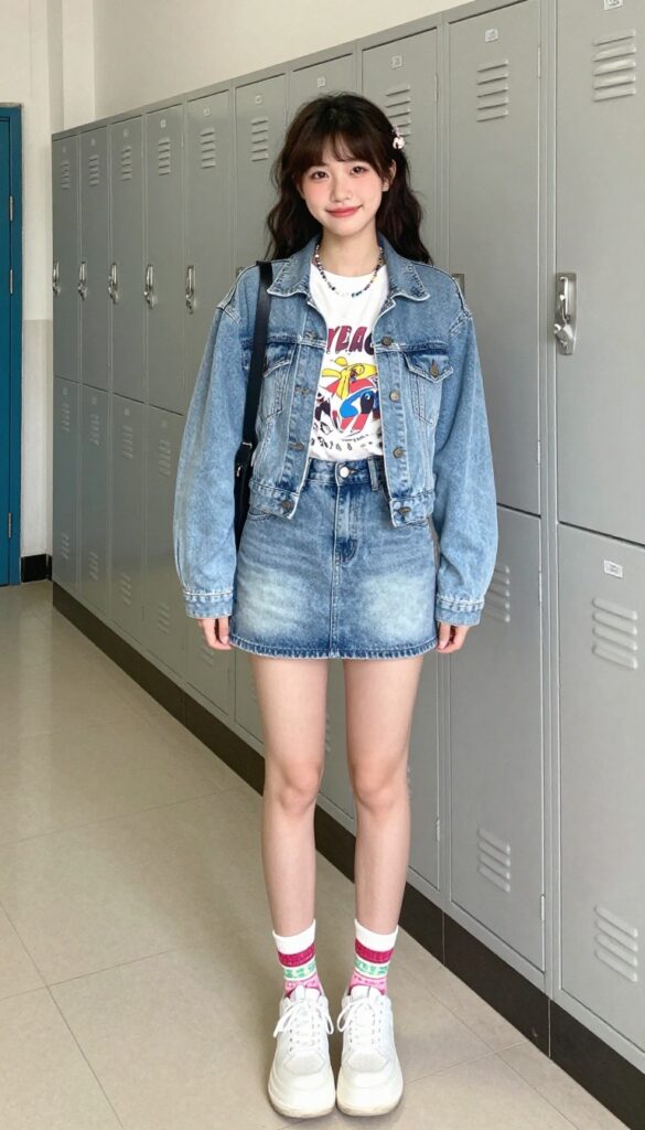 9. Graphic Tee with a Denim Jacket and Mini Skirt