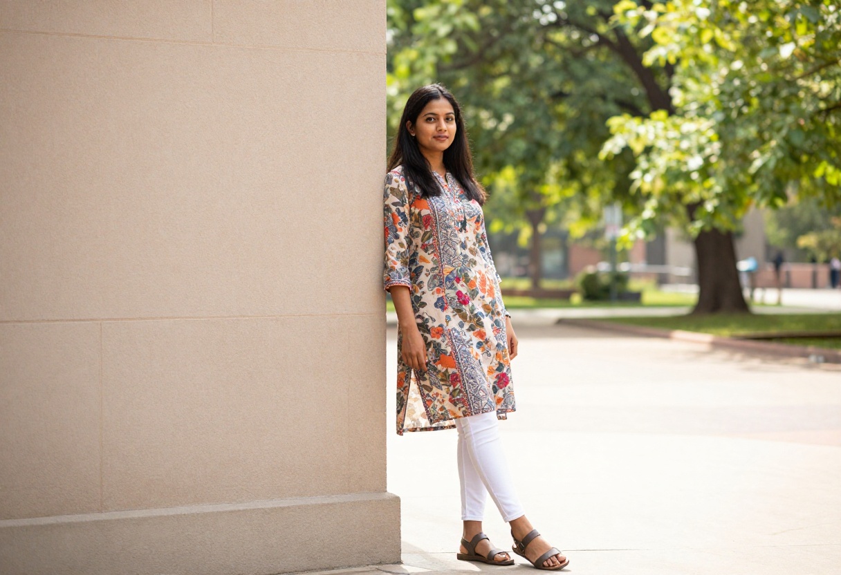 South Asian college student in printed kurti and white jeans walking on campus