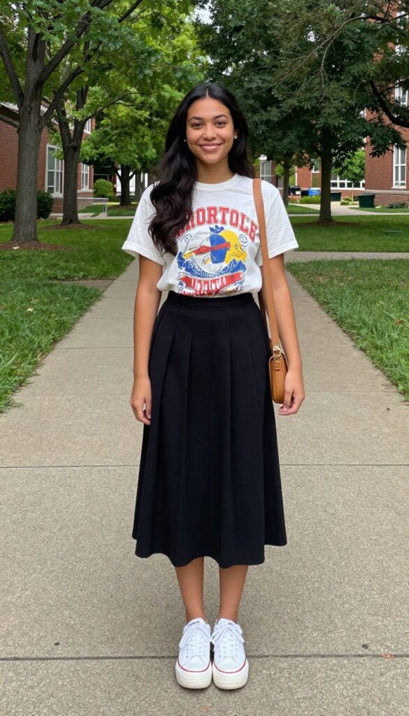 5. Graphic Tee + Pleated Midi Skirt + Platform Sneakers