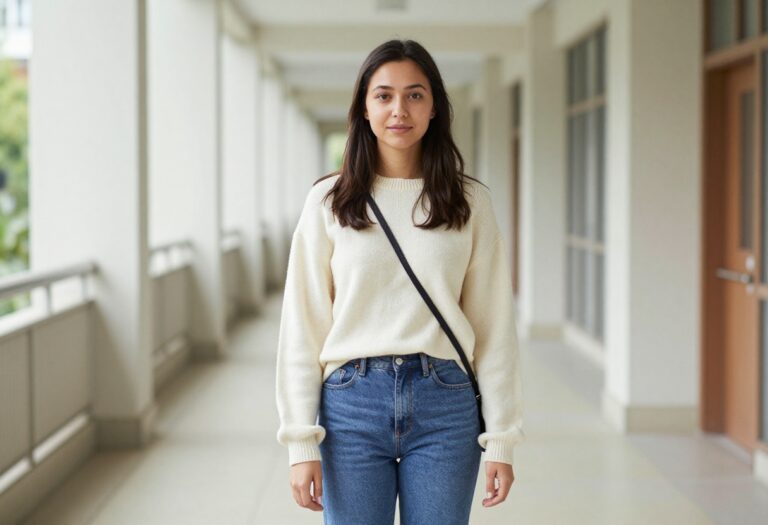 Young woman in casual school outfit with jeans, sweater, and sneakers