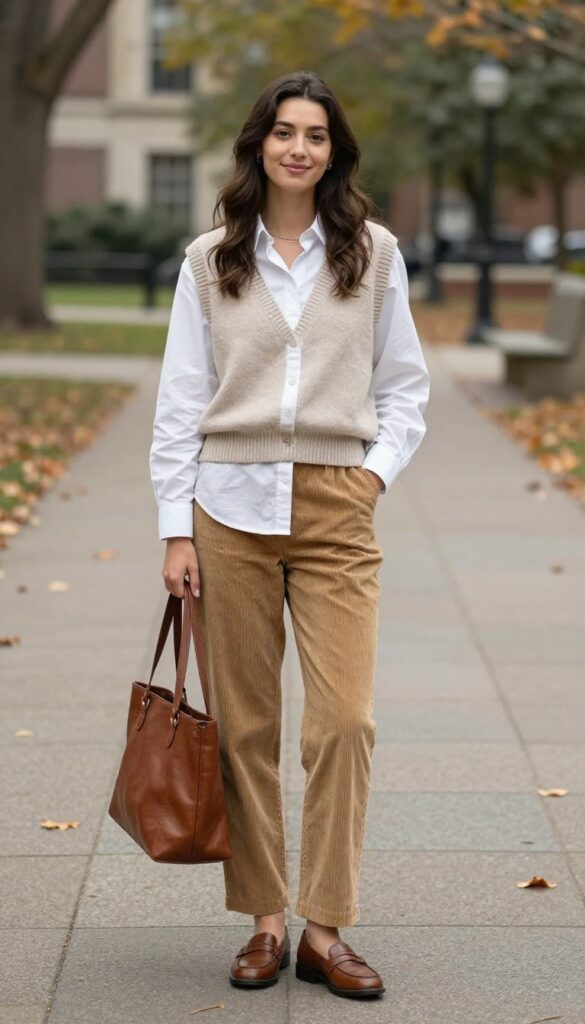 9. Button-Down Shirt, Sweater Vest, and Corduroy Pants