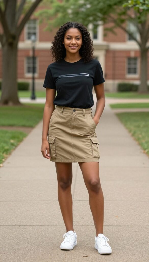 7. Graphic Tee with a Utility Skirt and White Sneakers