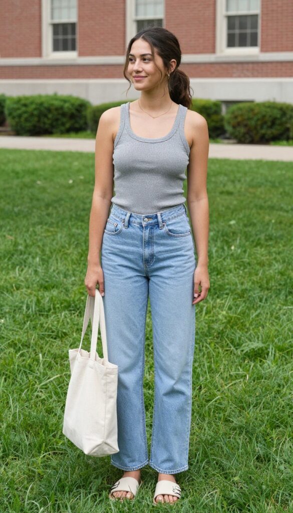 2. Ribbed Knit Tank Top with High-Waisted Wide-Leg Jeans