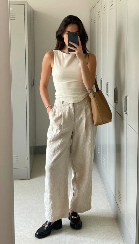 4. Corset Top + Wide-Leg Trousers + Heeled Loafers